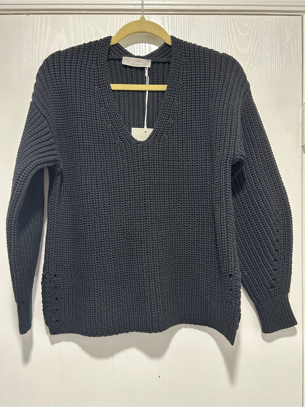 NWT Everlane The Texture Cotton Blend Rib V-Neck Black Knit Sweater Black Size S
